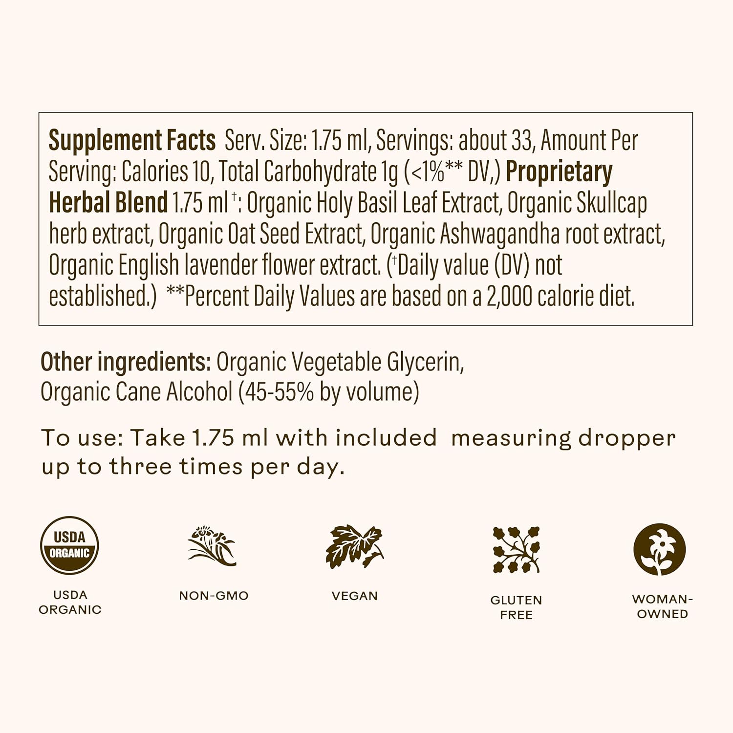Wooden Spoon Herbs Tranquility Tonic | Organic Stress Relief & Sleep Aid Tincture | Unique Herbal Blend of Skullcap, Ashwagandha, Oat Tops, Holy Basil, Lavender | 2oz, 32 Servings