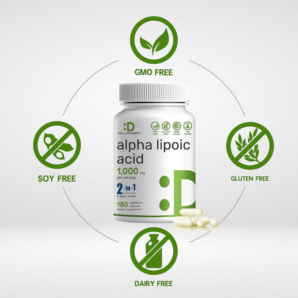 Alpha Lipoic Acid 1,000mg, 180 Veggie Capsules – 50/50 R-ALA & S-ALA for Max Bioavailability – Antioxidant Supplement – Energy & Nervous System Support – Non-GMO