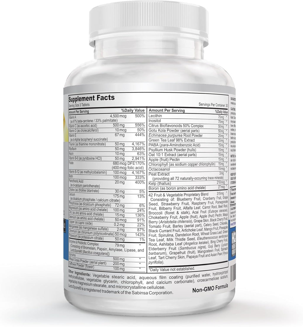 Vegan Whole Food Multivitamin & Mineral - Vitamins A B1 B2 B6 B12 C D3 E & 110 Super Foods, Herbs, Greens & Reds - Enzymes & Probiotics for Immune Support - Energy Boost - 90 Tablets