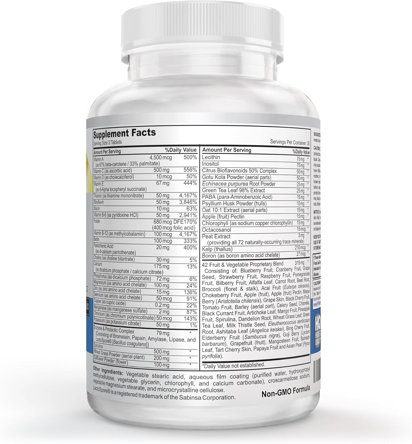 Vegan Whole Food Multivitamin & Mineral - Vitamins A B1 B2 B6 B12 C D3 E & 110 Super Foods, Herbs, Greens & Reds - Enzymes & Probiotics for Immune Support - Energy Boost - 90 Tablets