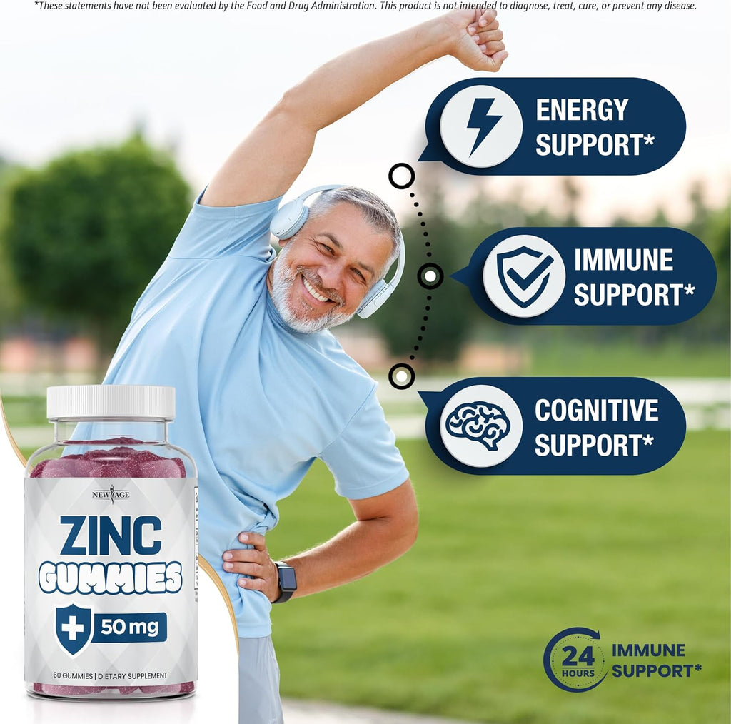 NEW AGE Zinc Gummies - 50mg High Immune Booster Zinc Supplement, Immune Defense, Powerful Natural Antioxidant, Non-GMO 180 Count (Pack of 3)