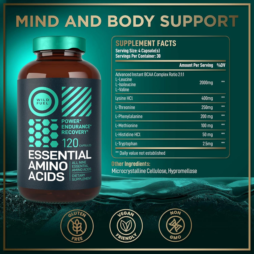 WILD FUEL Essential Amino Acids Supplement for Women and Men - All 9 BCAAs Amino Acid Complex for Power and Recovery - EAA Lysine, Tryptophan, Isoleucine - 2 Pack 240 Vegan BCAA Capsules