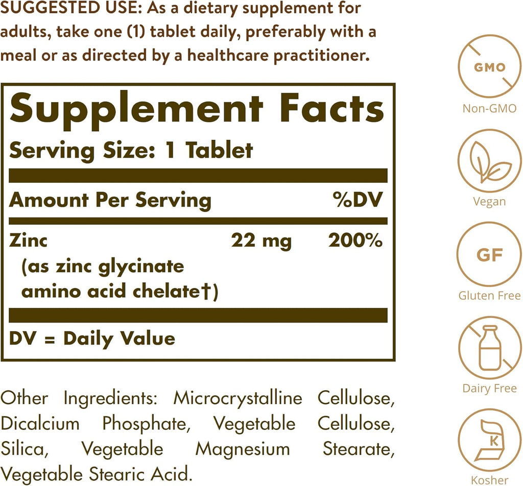 Solgar Chelated Zinc, 250 Tablets - Zinc for Healthy Skin - Supports Cell Growth & DNA Formation - Exerts Antioxidant Activity - Supports A Healthy Immune System - Non GMO, Vegan - 250 Servings