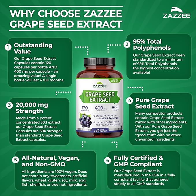 Zazzee High Strength Grape Seed 50:1 Extract, 120 Vegan Capsules, 95% Polyphenols, 400 mg per Capsule, 4 Month Supply, Standardized and Concentrated 50X Extract, Non-GMO, Made in The USA