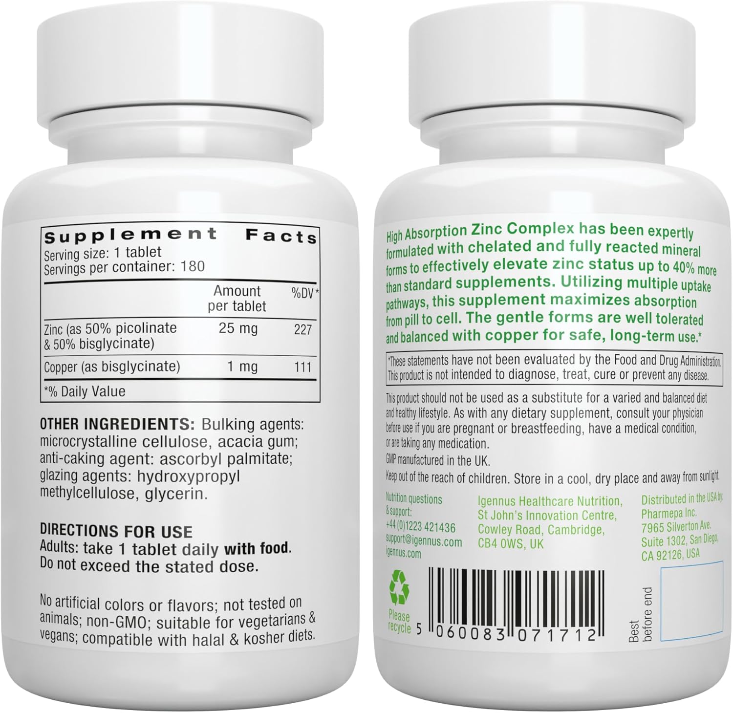 Igennus Chelated Zinc 25mg with Copper, Picolinate & Bisglycinate, Clean Label & High Absorption Complex, Supplement for Women & Men, Vegan, Immune, Skin and Cellular Health, 180 Tablets