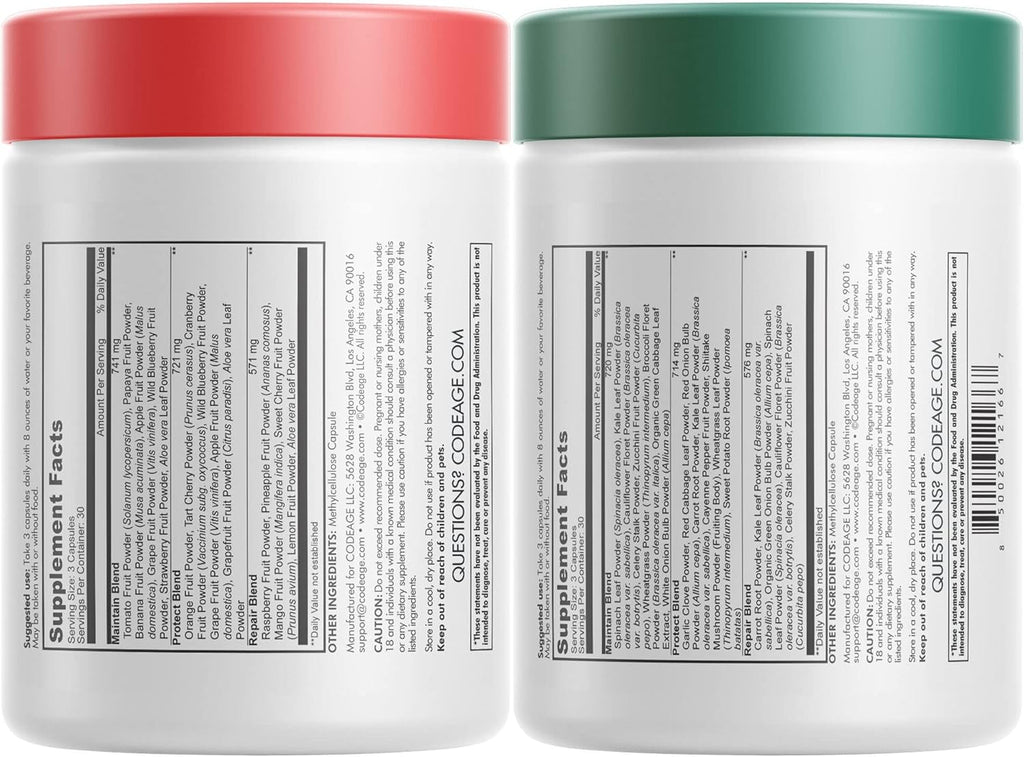 Codeage Instantfood Easy Veggies + Fast Fruits Vitamins Bundle, 30+ Daily Vegetables & Fruits Powders, Whole Food Green, Multivitamin, Fibers, Vegan Superfood Minerals Supplement - 180 Capsules