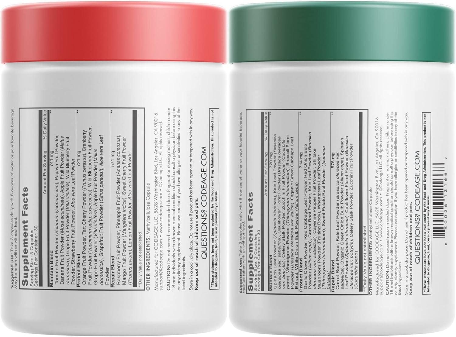 Codeage Instantfood Easy Veggies + Fast Fruits Vitamins Bundle, 30+ Daily Vegetables & Fruits Powders, Whole Food Green, Multivitamin, Fibers, Vegan Superfood Minerals Supplement - 180 Capsules