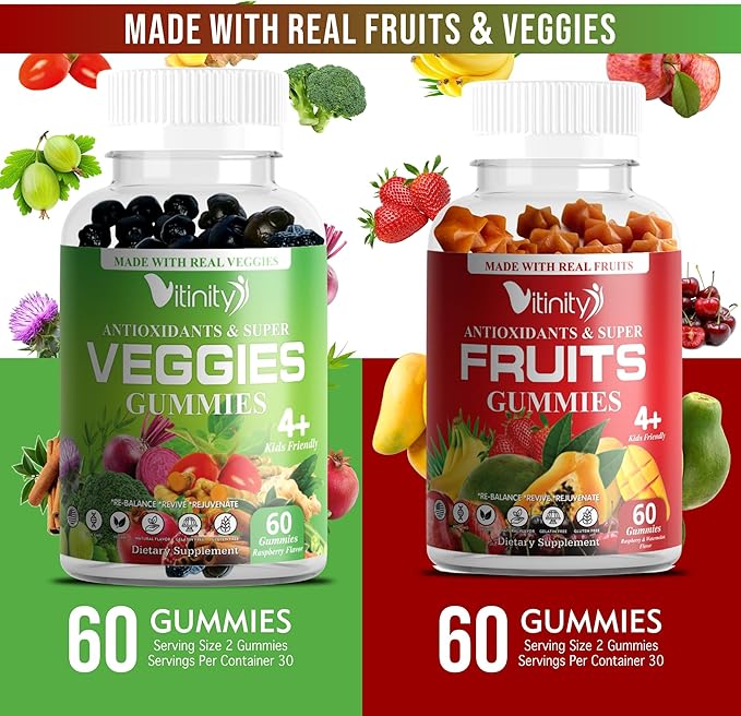 VITINITY Made with Real Fruit-Real Veggie Gummies-Superfood Vegetable Vitamin Supplement for Women,Men,Kids-Blend of Fruit and Greens for Daily Health.Fruits and Vegetables Supplements (30-Day Supply)