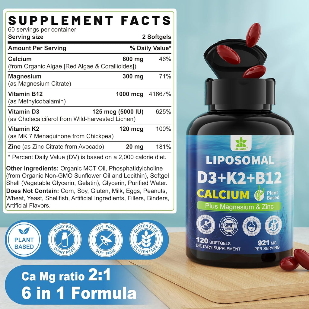 6-in-1 Plant Based Calcium Supplements for Women Men- Calcium 600mg w/ D3 K2 5000 IU Vitamin, Liposomal & Algae Ca-lcium Magnesium Zinc + Vegan Vitamin D 5000 IU + K2 MK7 + Methyl B12 for Bone, 1 Pack