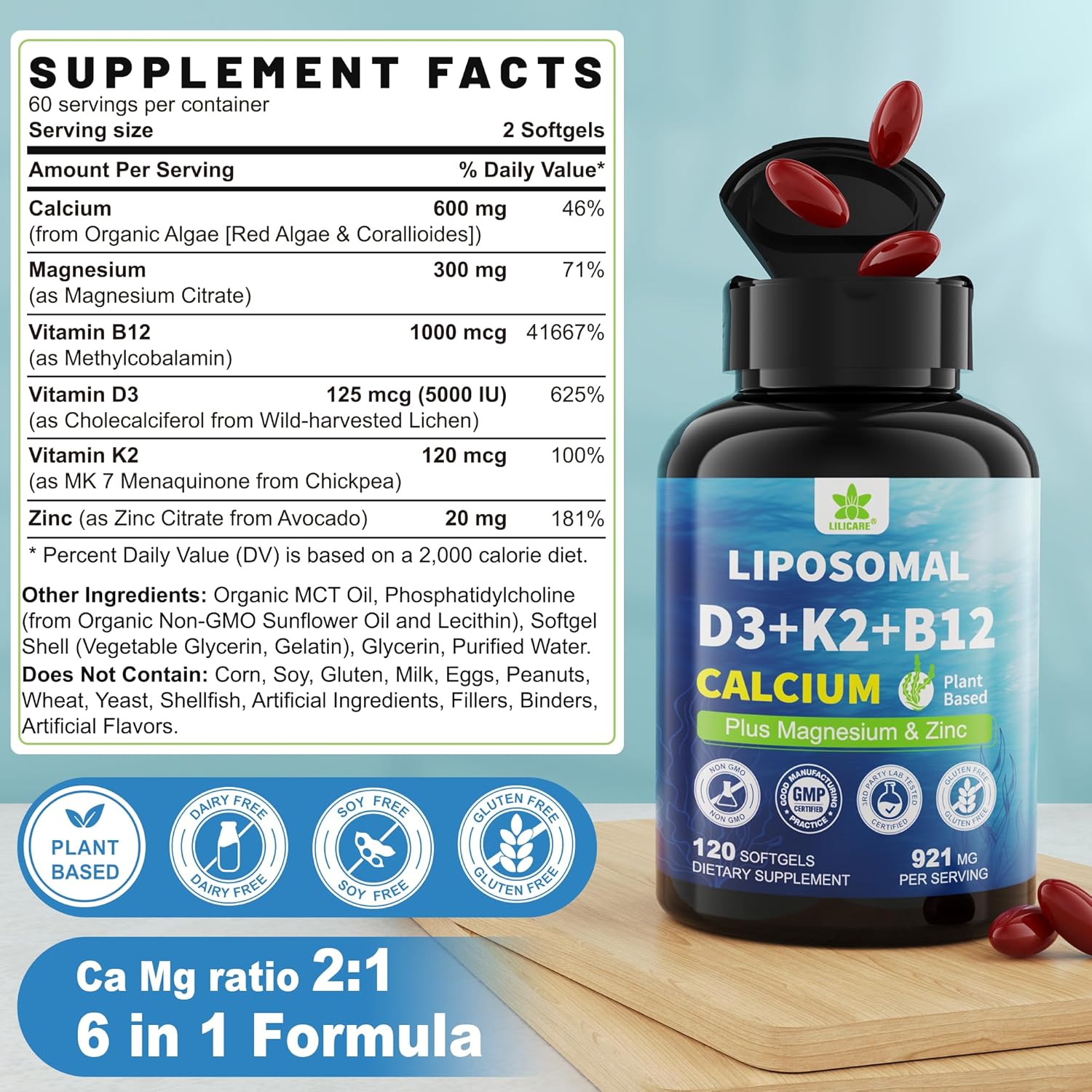 6-in-1 Plant Based Calcium Supplements for Women Men- Calcium 600mg w/ D3 K2 5000 IU Vitamin, Liposomal & Algae Ca-lcium Magnesium Zinc + Vegan Vitamin D 5000 IU + K2 MK7 + Methyl B12 for Bone, 1 Pack