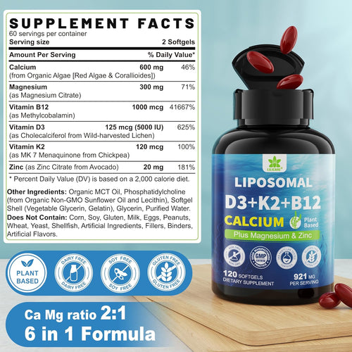 6-in-1 Plant Based Calcium Supplements for Women Men- Calcium 600mg w/ D3 K2 5000 IU Vitamin, Liposomal & Algae Ca-lcium Magnesium Zinc + Vegan Vitamin D 5000 IU + K2 MK7 + Methyl B12 for Bone, 1 Pack