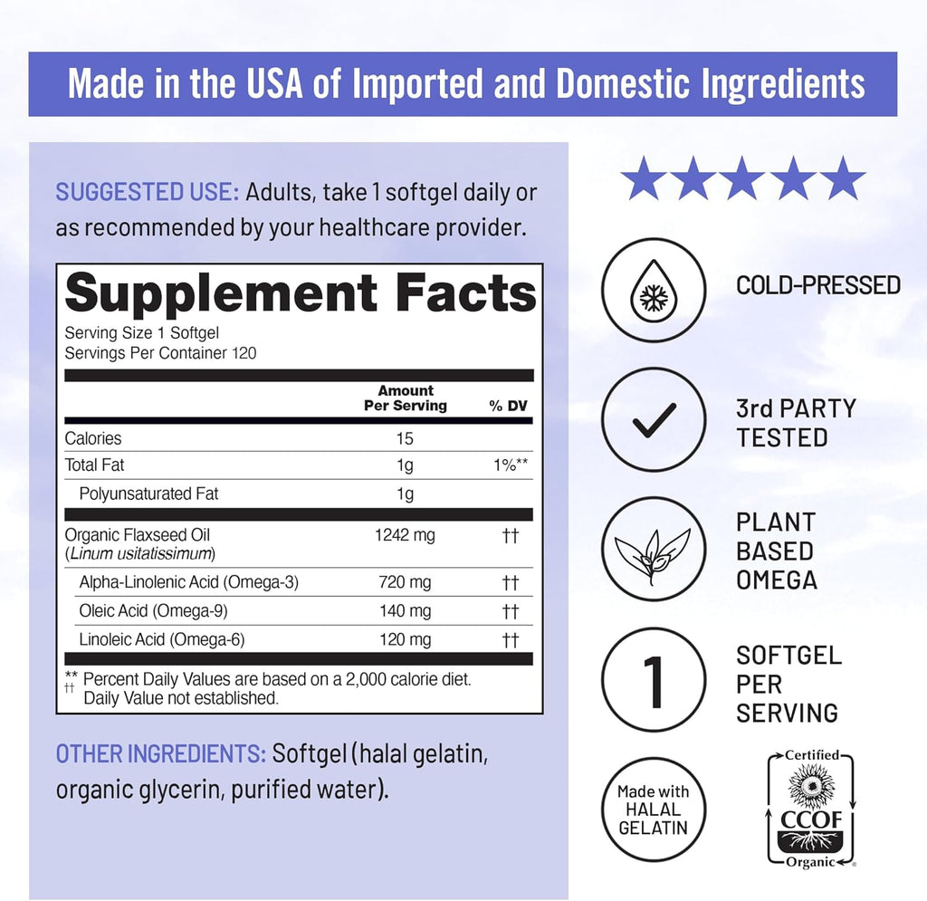 NatureWise Flaxseed Oil 1200 mg, Fish Free Omega 3 6 9 with 720mg ALA, Dietary Supplement for Heart Health Support - Organic, Cold Pressed, Non-GMO - 120 Softgels[4-Month Supply]