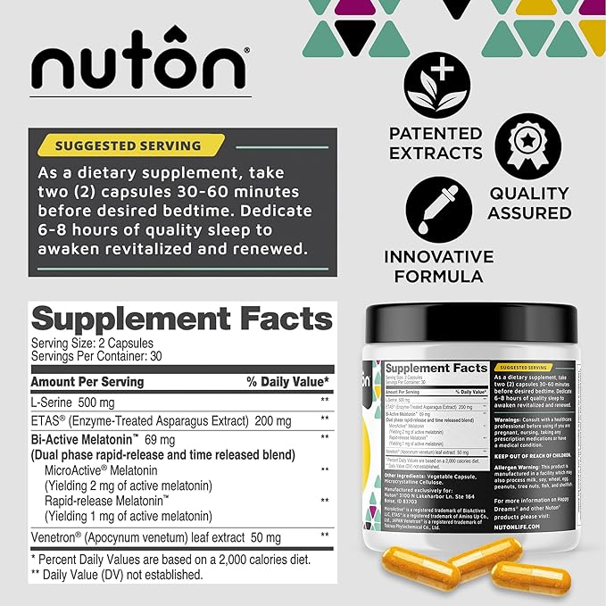Nuton Happy Dreams Natural Sleep Aid Supplement & Cellular Vitality - Melatonin Sleep Aid for Adults, Time Release Formula with ETAS Asparagus, L-Serine and Venetron Extract, 60 Veggie Capsules