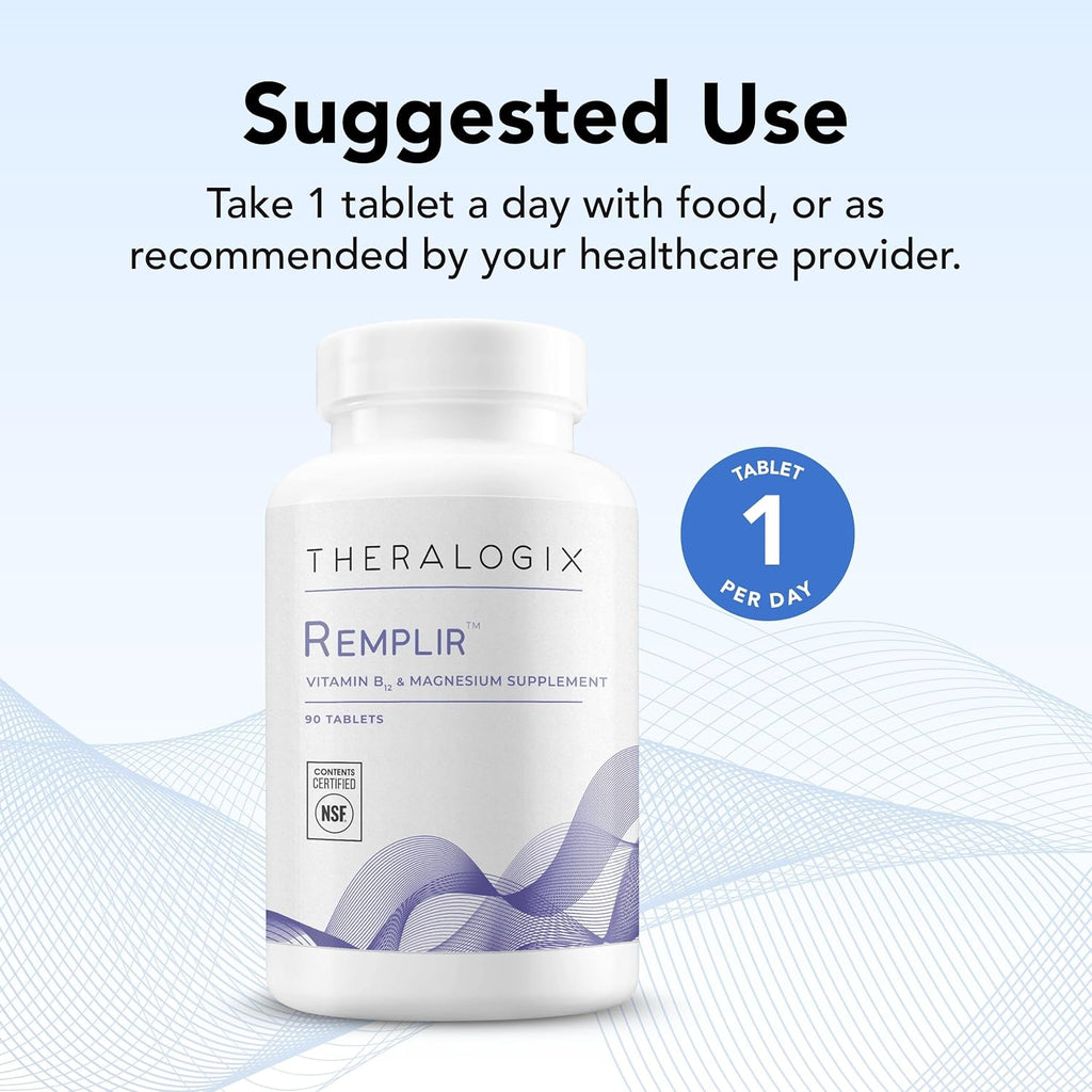 Theralogix Remplir Nutritional Supplement - 90-Day Supply - B12 Vitamin & Chelated Magnesium Supplement - Supports Heart Health, Bone Health & More - NSF Certified - 90 Tablets
