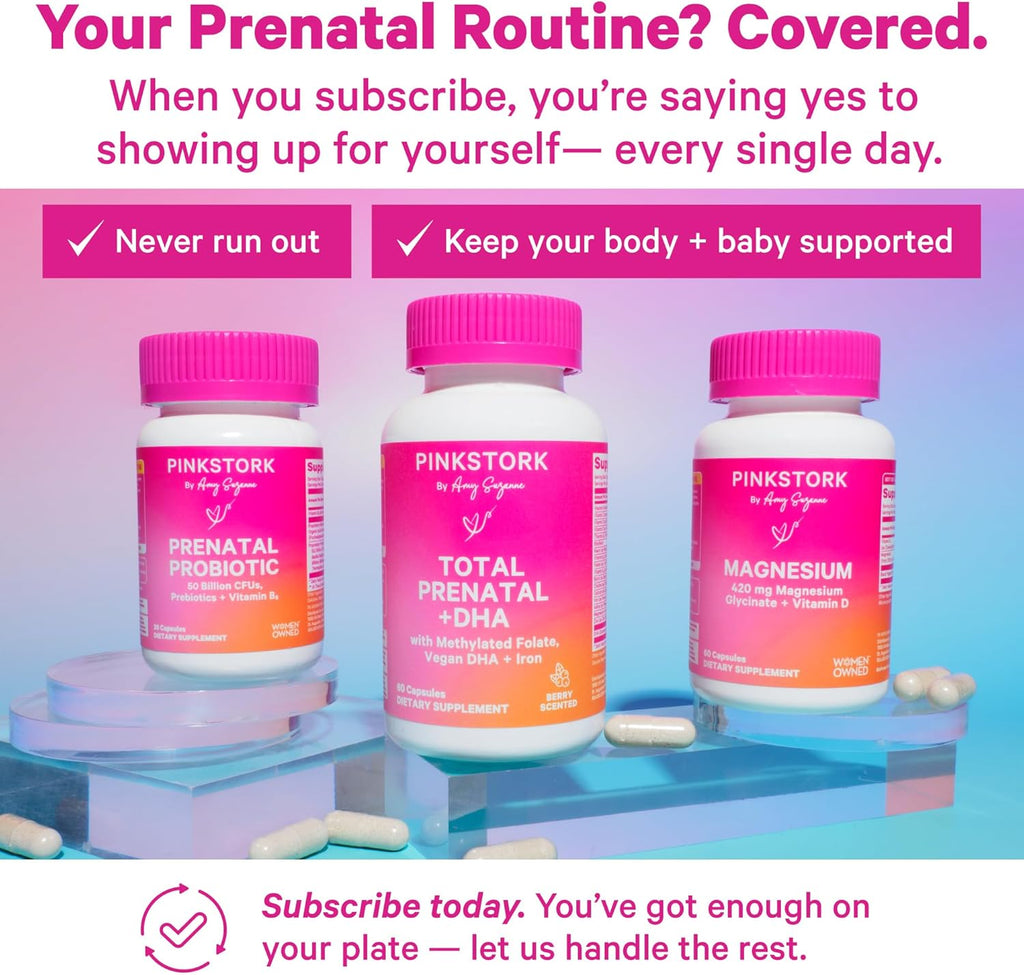 Pink Stork Total Prenatal Vitamins with DHA, Folate, and Iron, 3 Month Supply to Help Support Fetal Development, Pregnancy Must Haves - 180 Capsules