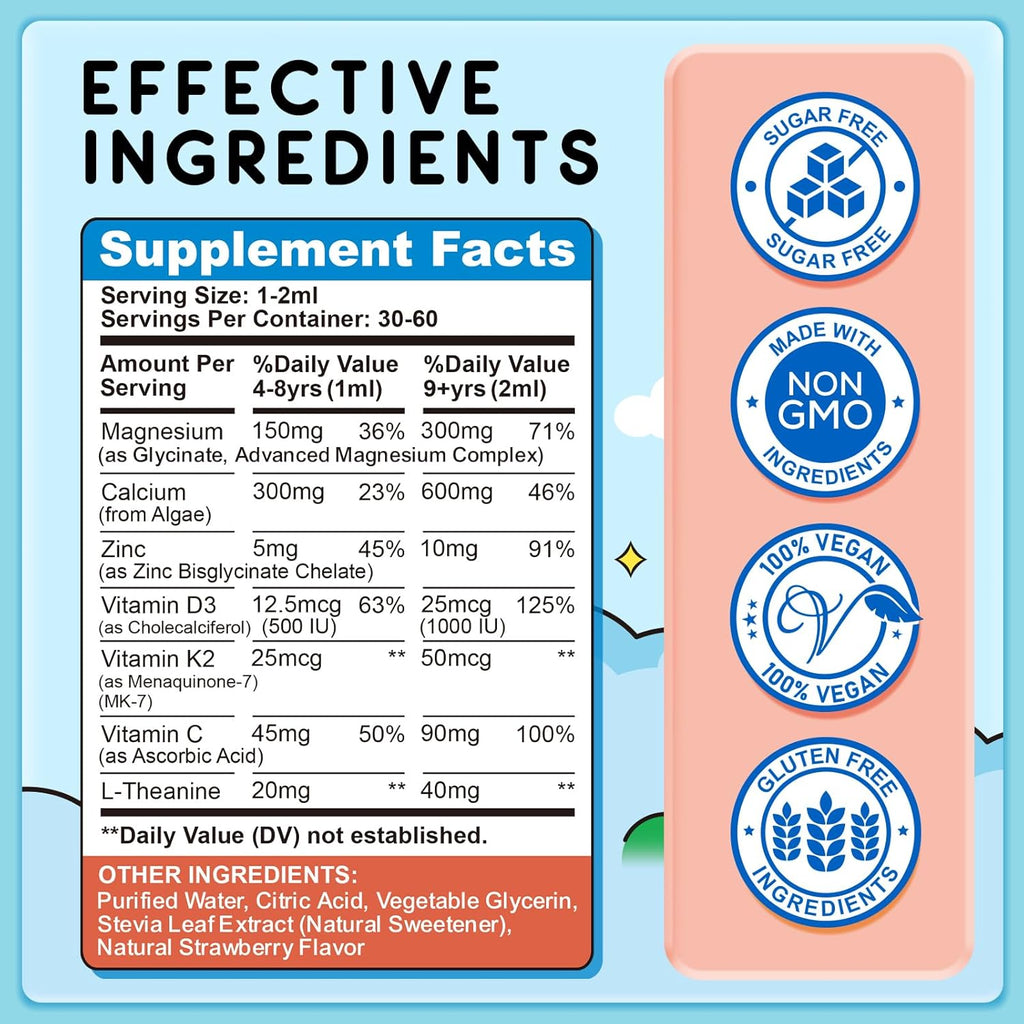 Magnesium Glycinate Liquid for Kids, Kids Magnesium Drops with L-Theanine, Calcium, Zinc, Vitamin D3 K2 for Sleep, Calm, Mood, Relaxation, Focus, Brain, Bones, Strawberry Flavor 2 Fl Oz