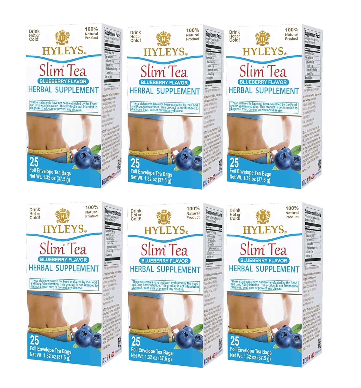 Hyleys Slim Tea Blueberry Flavor - Weight Loss Herbal Supplement Cleanse and Detox - 25 Tea Bags (6 Pack)