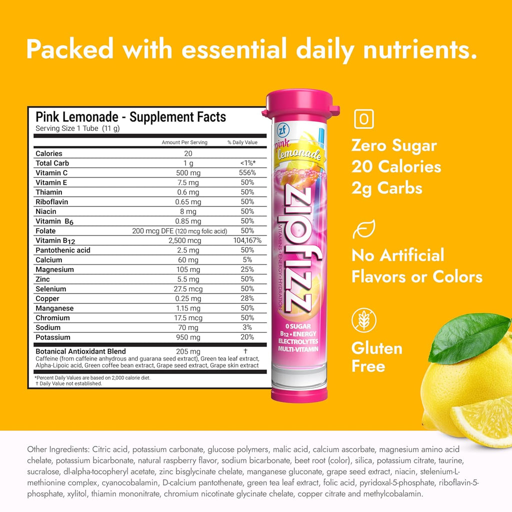 Zipfizz Daily Energy Drink Powder, Pink Lemonade, 20 Pack | 3-in-1 Sustained Energy, Rapid Hydration, and Essential Vitamins | Sugar-Free | Electrolyte Powder | Contains Vitamin B-12 & Antioxidants