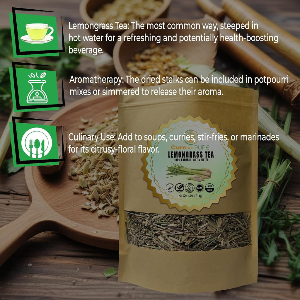 Cure wid Pure Organic Dried Lemongrass - Cut & Sifted 4oz in a Resealable Bag - Non-GMO Lemon Grass for Tea, Cooking, Thai Cuisine, Herbal Teas for Digestive Comfort, Citrus Aroma & Daily Use