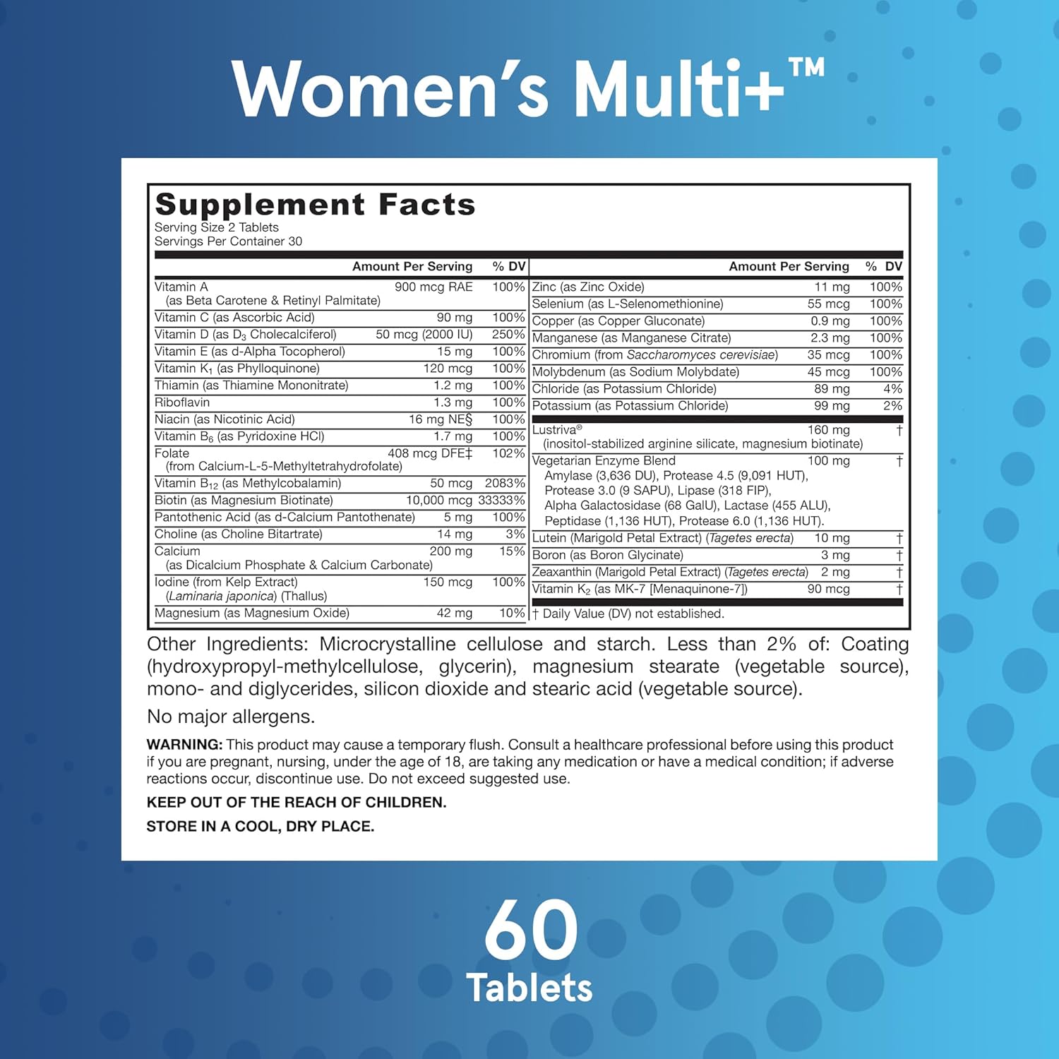 Jarrow Formulas Women's Multi+ Lustriva Hair Growth for Women, Vitamin A, D, Zinc & Lutein, 60 Tablets, 30 Day Supply