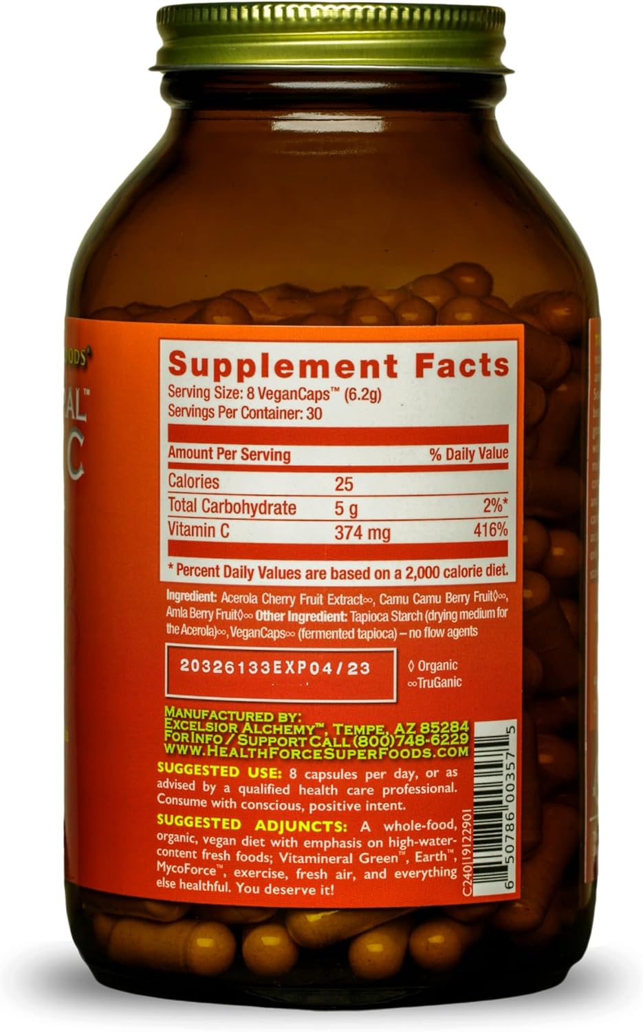 HEALTHFORCE SUPERFOODS Truly Natural Vitamin C - Immune Support Supplement with Camu Camu Berry - Vitamin C Supplement for Immune Health - Vegan, Non-GMO - 240 Vegan Caps, 60 Servings (Pack of 2)