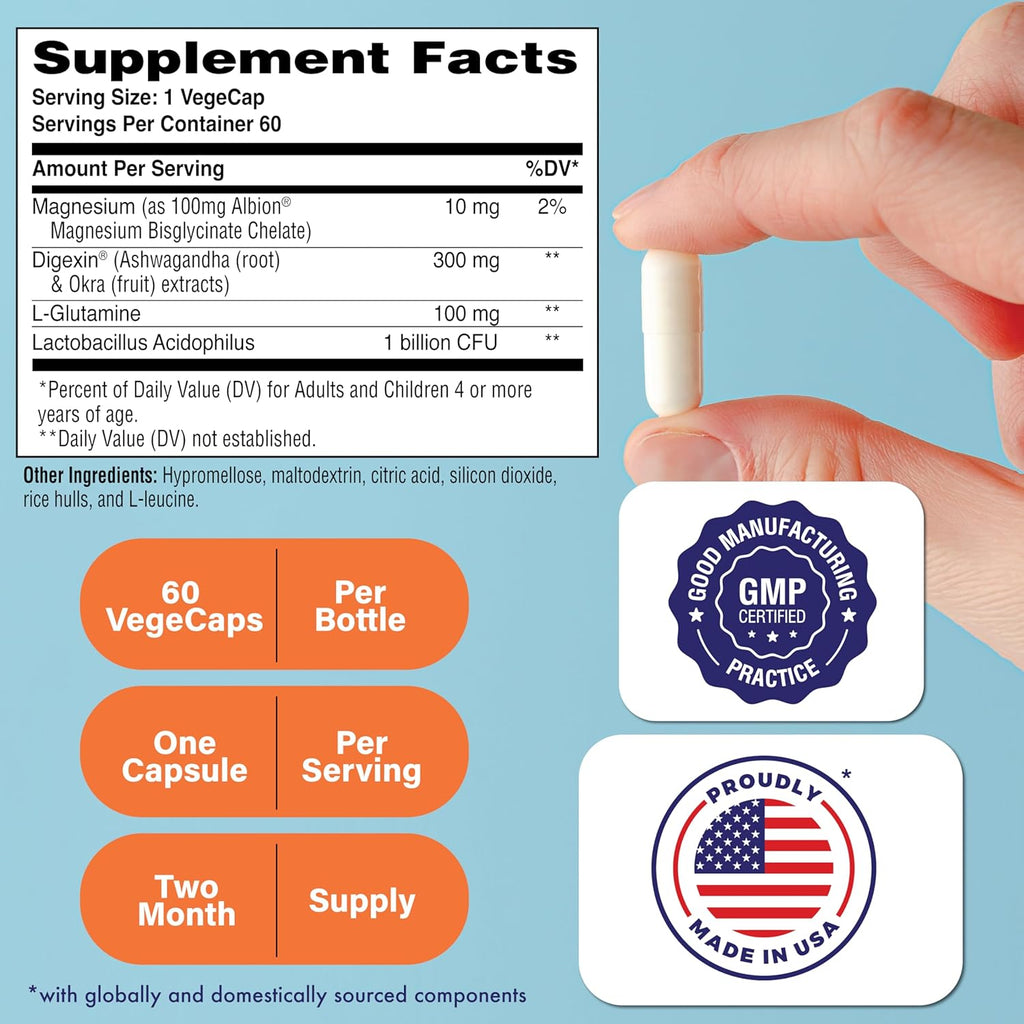Health Thru Nutrition Mindful GI - Healthy Mind & Gut Complex | with Digexin, Magnesium, L-Glutamine, and Probiotic for Gut-Brain Axis Support | Regularity, Bloating, Calmness Supplement
