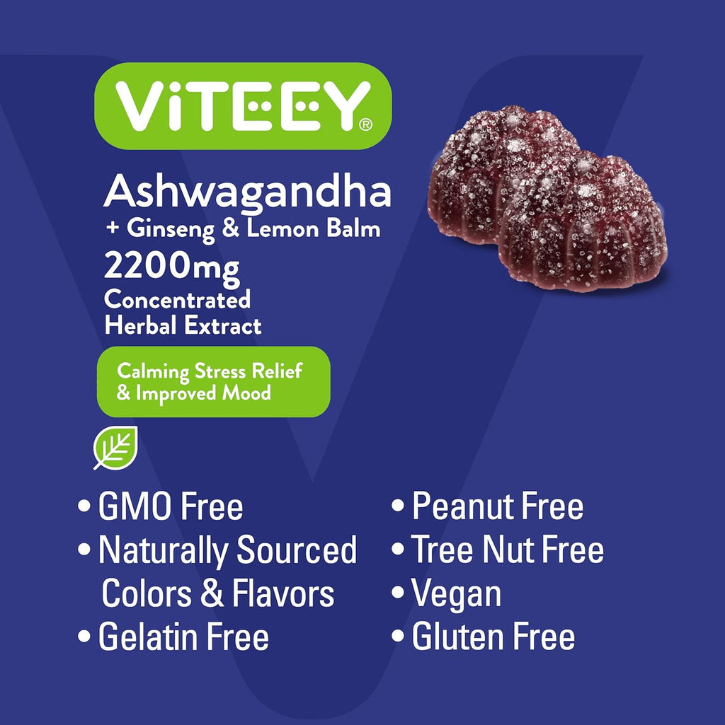 Viteey Ashwagandha Gummies with Ginseng & Lemon Balm - Mood, Calm & Stress Support Ashwagandha Supplements - Vegan, Gluten-Free - 120 Count