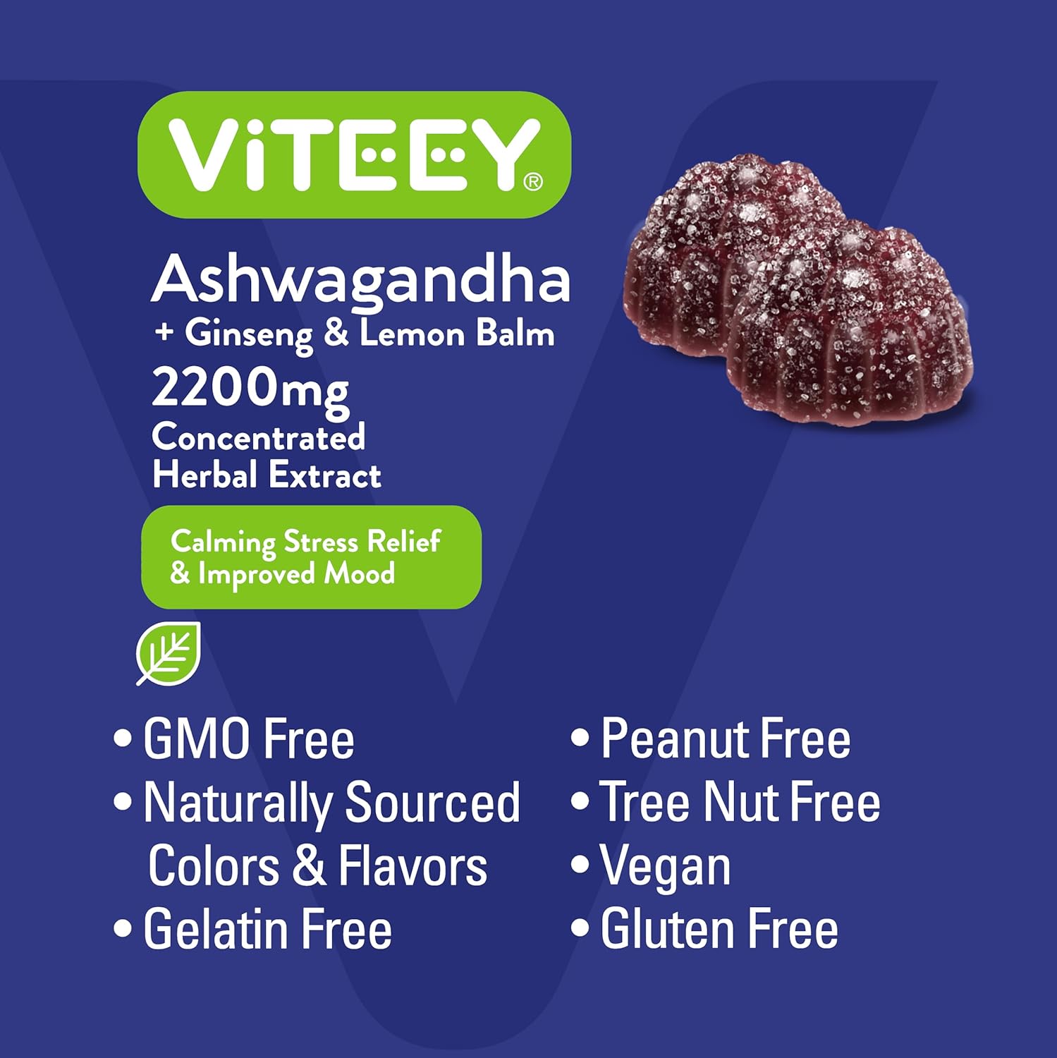 Viteey Ashwagandha Gummies with Ginseng & Lemon Balm - Mood, Calm & Stress Support Ashwagandha Supplements - Vegan, Gluten-Free - 60 Count