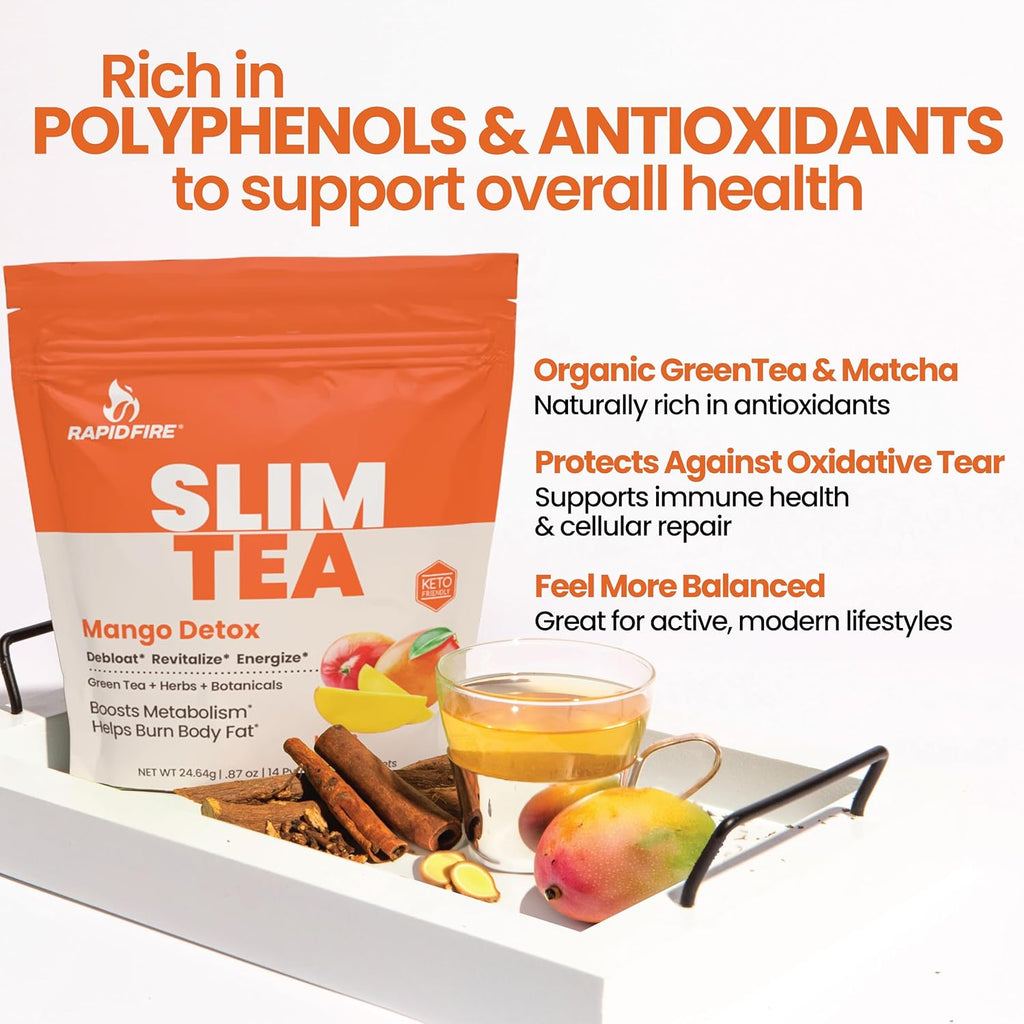 Rapid Fire Slim Tea Bags, Blend of Natural Herbs and Botanicals, Promotes Energy and Digestion, Supports Metabolism, 14 Servings Mango Flavor