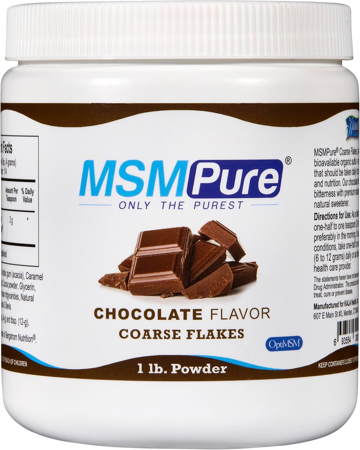 KALA HEALTH MSMPure Chocolate Flavored Coarse MSM Powder Flakes – US-Made MSM for Joint Health, Skin Appearance, and Hair & Nail Support – 1 lb, Organic Sulfur