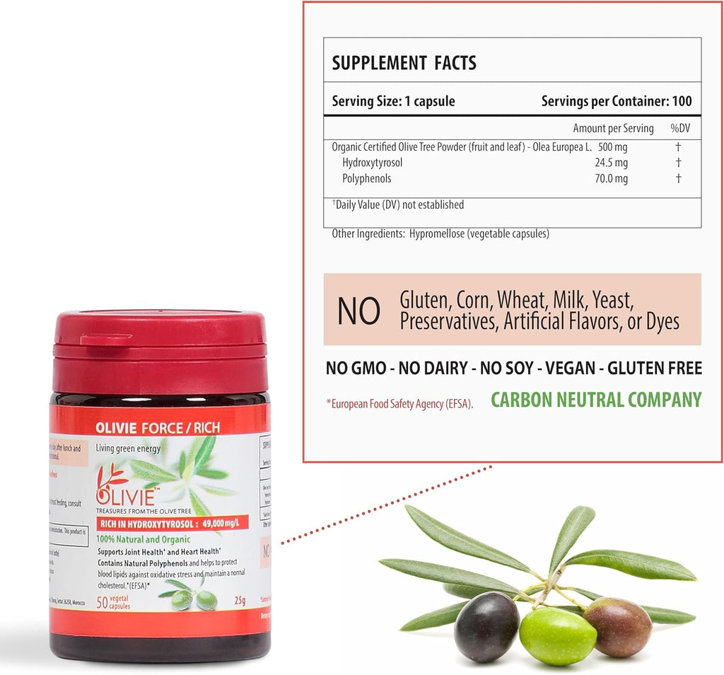 Organic Olive Leaf Extract Capsules Olivie Force/Rich | Antioxidant Polyphenol Supplement for Adults | Health Support Supplement | 50 Vegetal Capsules