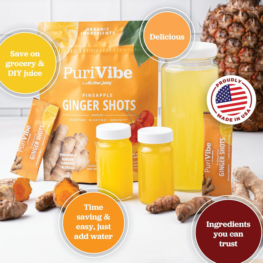 All About Juicing Ginger Shots with Pineapple & Turmeric - Superfood Juice Powder - Immunity, Digestion & Energy Support - 15 Wellness Stick Packs - PuriVibe
