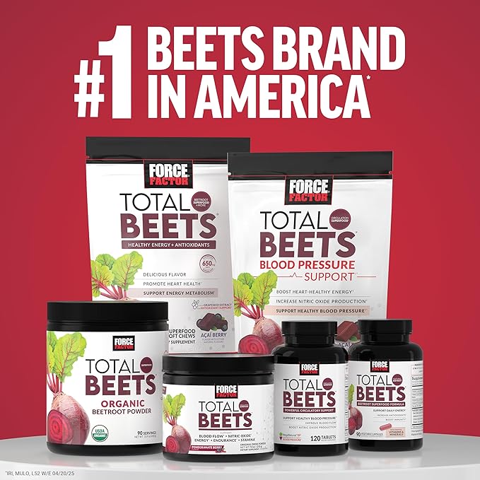Force Factor Total Beets Ultimate Heart Health Chews for Blood Pressure Support, with Beetroot Powder, CoQ10, B Vitamins & Grapeseed Extract for Blood Flow & Energy, Pomegranate Berry, 60 Soft Chews