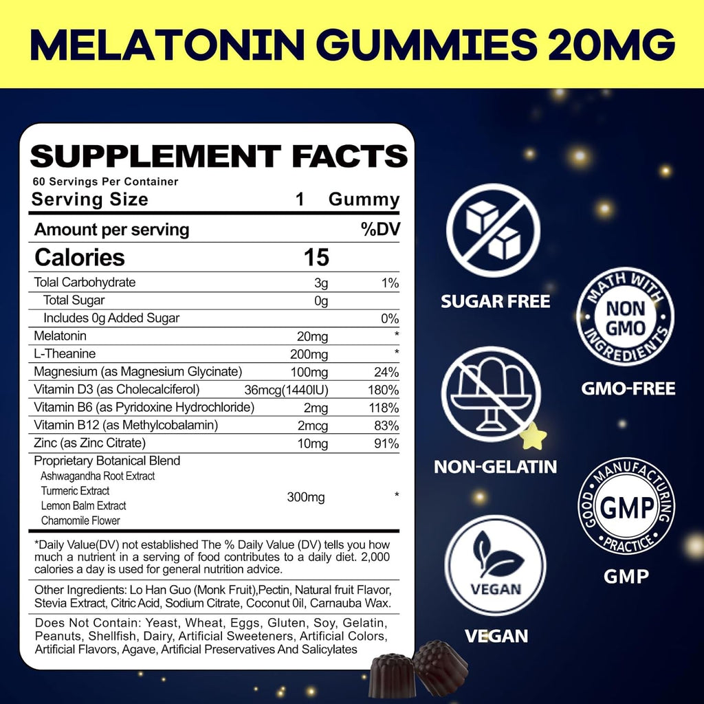 Melatonin 20mg Gummies for Adult: Sugar Free Melatonin Supplement Extra Strength with Ashwagandha L-Theanine Magnesium Turmeric Vitamin D3 B6 B12 - Non-Habit Forming for Women Men(120Count)
