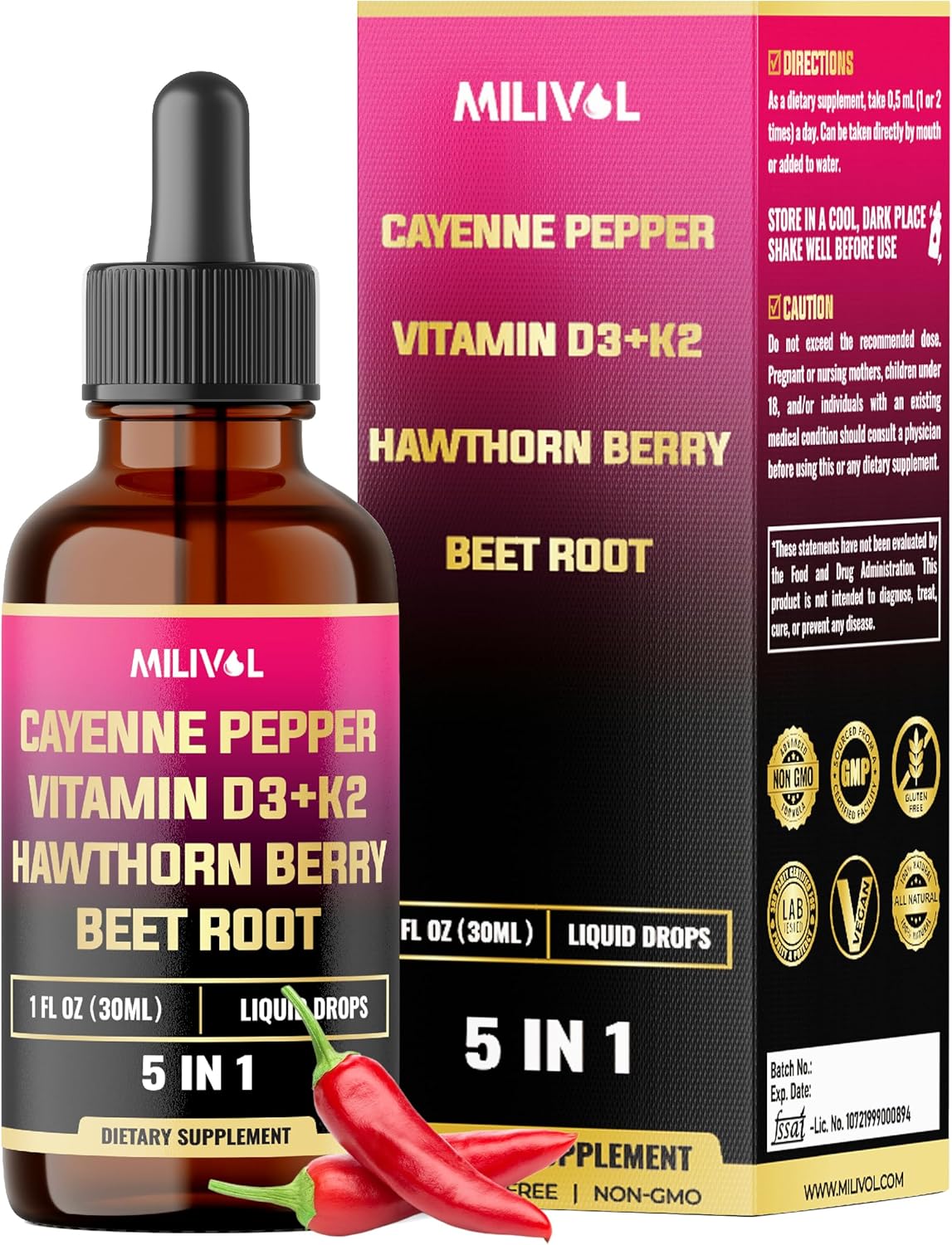 5in1 Cayenne Pepper Liquid Drops with Vitamin D3, Vitamin K2, Hawthorn Berry and Beet Root - Digestion Support - 1 FL Oz - 60 Days Supply