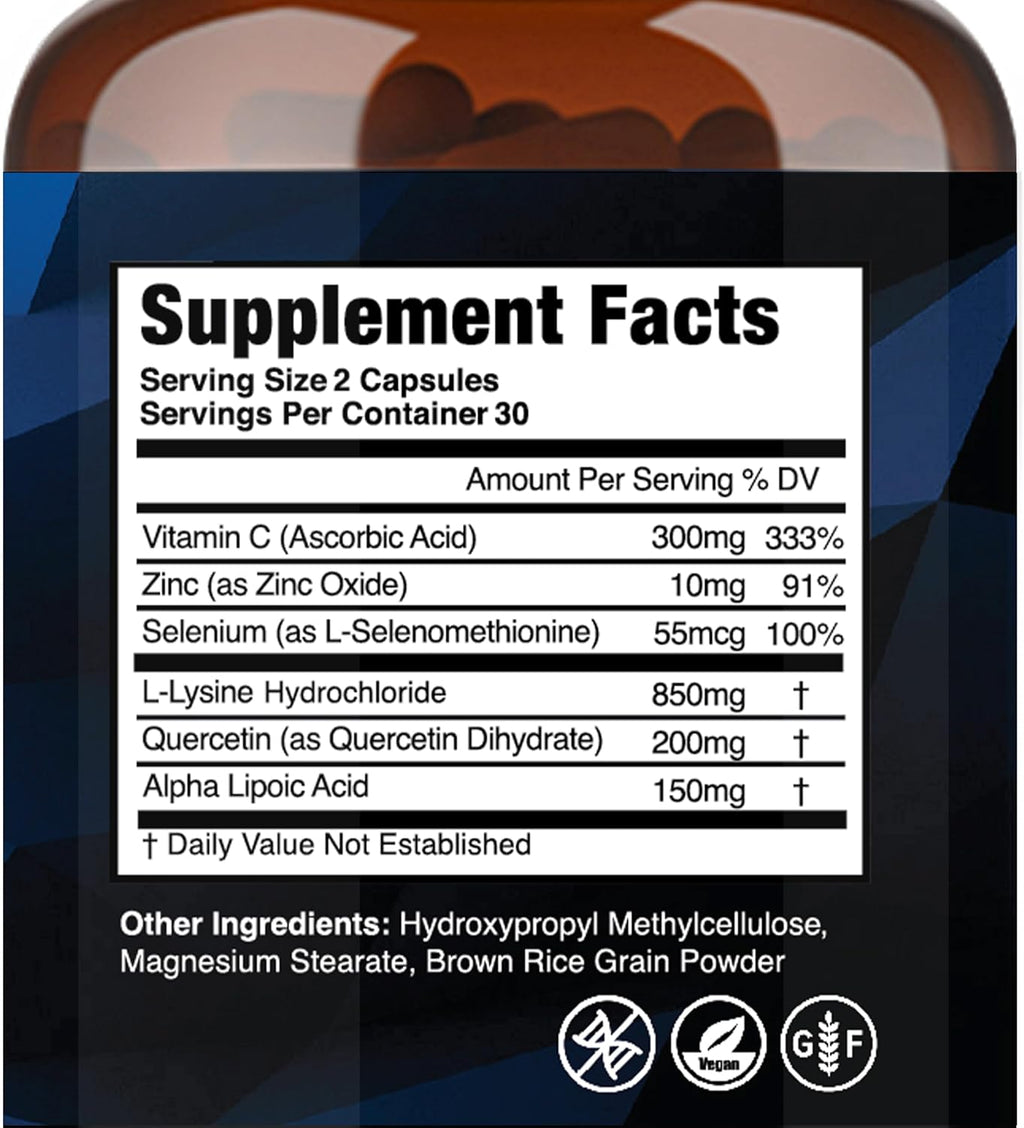 | Daily Cold Sore Supplement Including L-Lysine & Natural Defense Ingredients | Around The Clock Support | 60 Count | Made in The USA