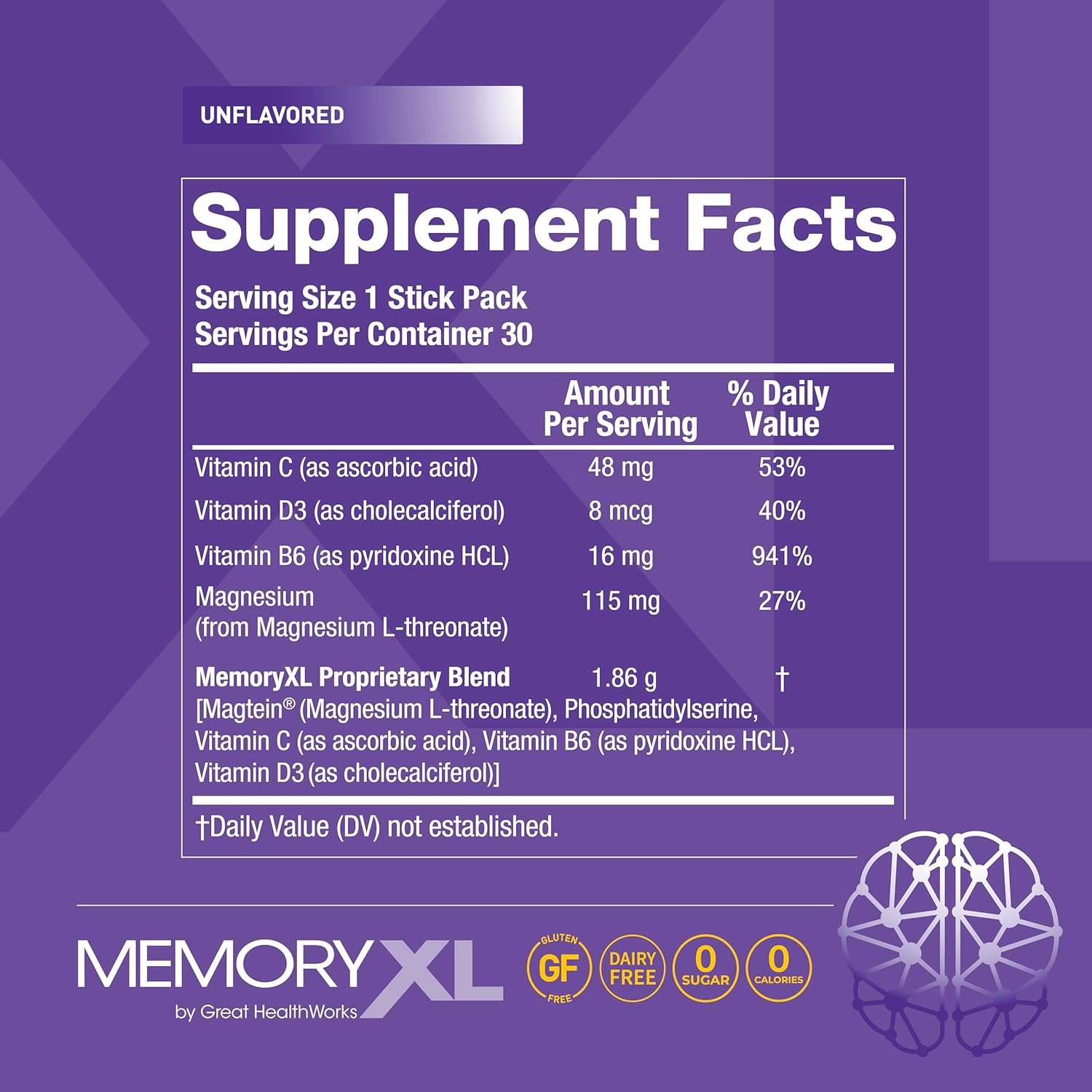 MemoryXL, Magnesium L-Threonate: Brain Supplement for Memory & Focus; Magtein®, Phosphatidylserine, Vitamin Mix. Improves Memory Focus Attention Learning & Logic. 0 Sugar, 0 Cal, 30pk Unflavored