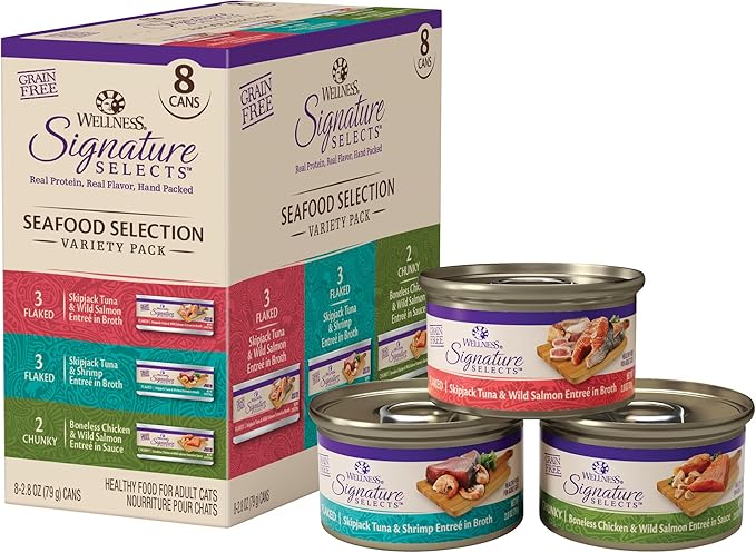 Wellness CORE Signature Selects Flaked Adult Wet Cat Food, Natural, Protein-Rich, Grain Free, 2.8 Ounce, 8 Pack (Seafood Variety Pack)