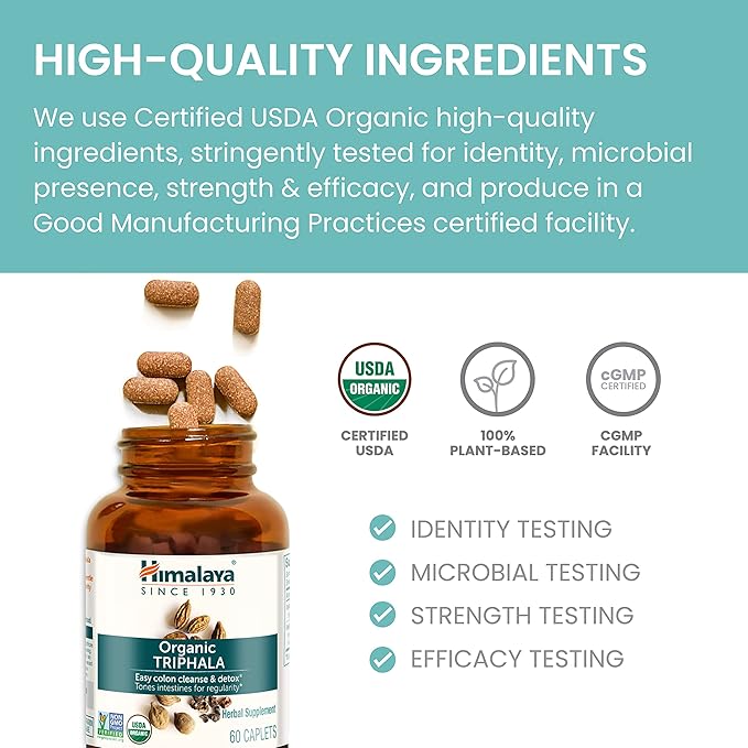 Himalaya Organic Triphala - Digestive Health Supplement for Colon Cleanse & Occasional Bloating and Constipation Relief - USDA Organic, Vegan, Non-GMO, Gluten Free, 688 mg, 30 Caplets