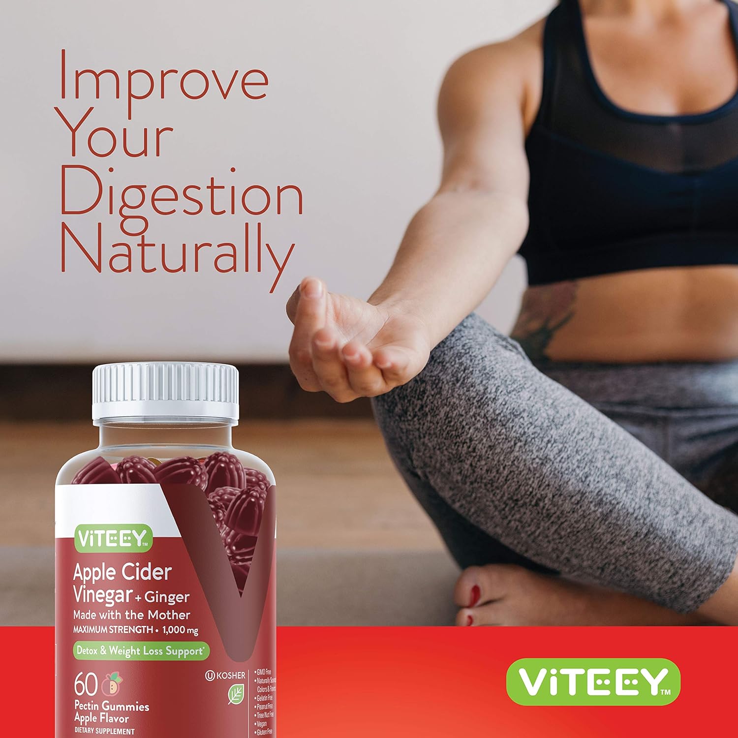 Viteey Apple Cider Vinegar Gummies and Ginger – 1000 mg ACV Gummies for Weight Loss, Detox and Digestion – Vegan, Gluten-Free – 60 Count