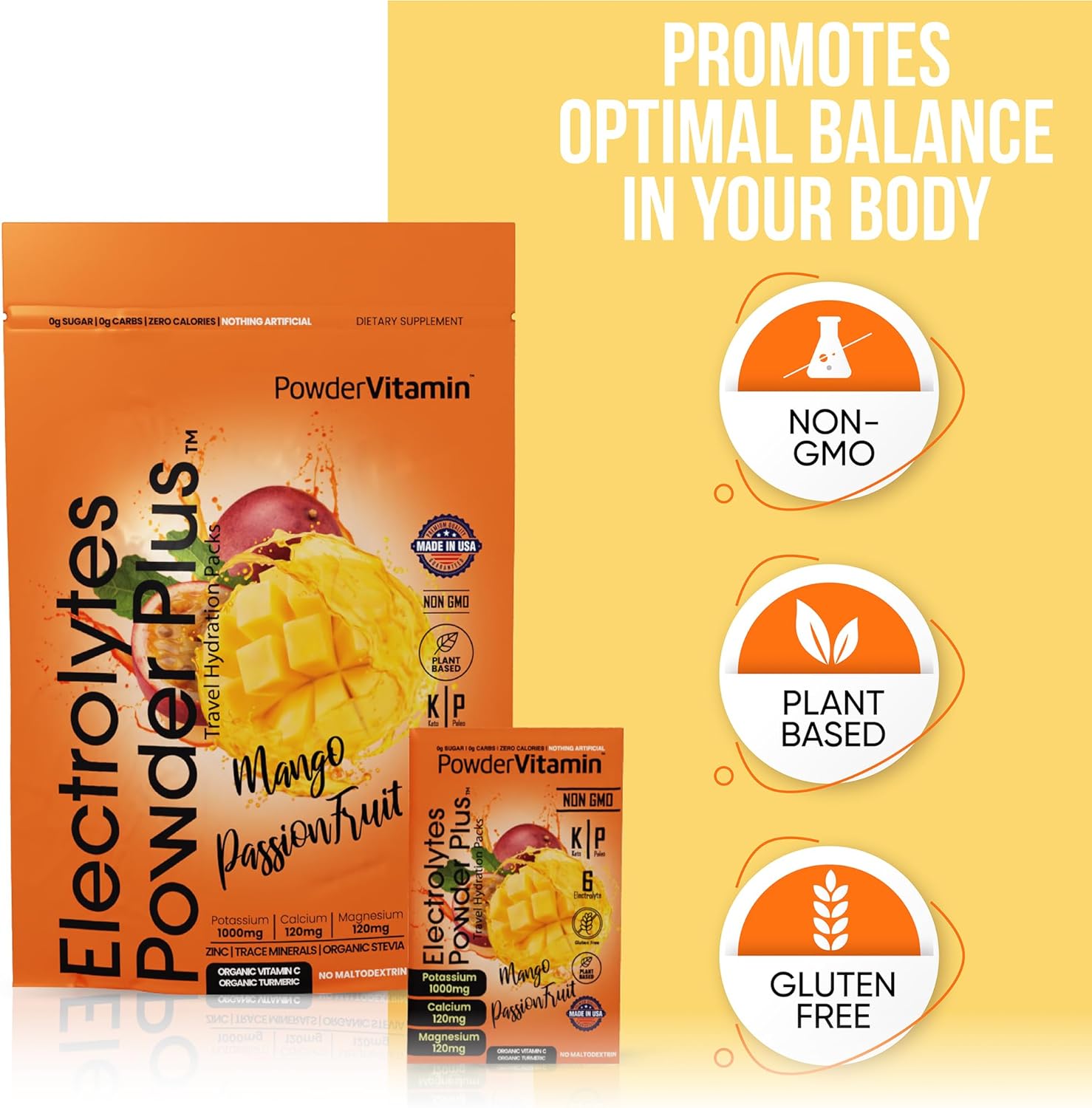 PowderVitamin Electrolytes Powder Plus, Keto, Mango Passionfruit, Sugar Free, 1000mg Potassium, 120mg Calcium, 120mg Magnesium, Non-GMO, Zero Calories, 30 Hydration Packets