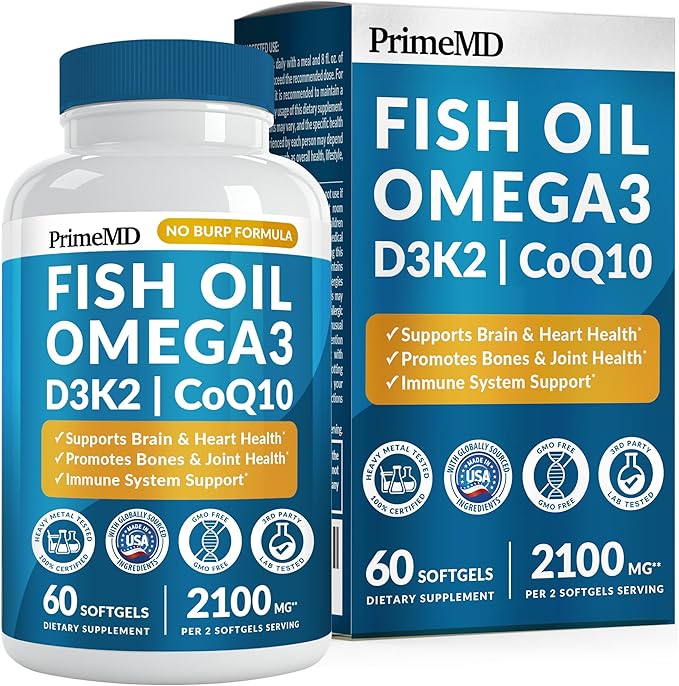 4-in-1 Fish Oil Omega 3 Fatty Supplements (2100mg) - Omega 3 Fish Oil with Vitamins D3 K2 and CoQ10 - Lemon Flavored (60 softgels)