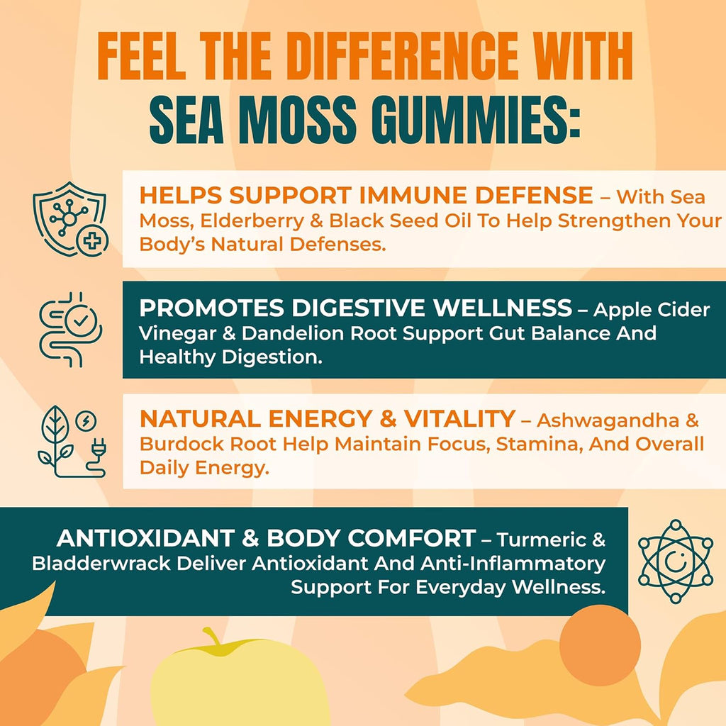 Sea Moss & Apple Cider Vinegar Gummies – 10-in-1 Herbal Blend with Black Seed Oil, Ashwagandha, Turmeric, Bladderwrack, Burdock Root & Dandelion – Vegan, USA Made, Natural Apple Flavor – 60 ct