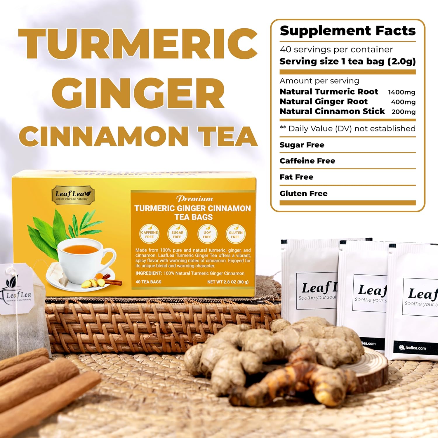 LeafLea Turmeric Tea with Ginger and Cinnamon, 80 Premium Turmeric Ginger Tea Bags, 100% Natural Ingredients Herbal Tea, Vegan, No Sugar, Caffeine-Free, Each Tea Bag Sealed for Fresh Flavor