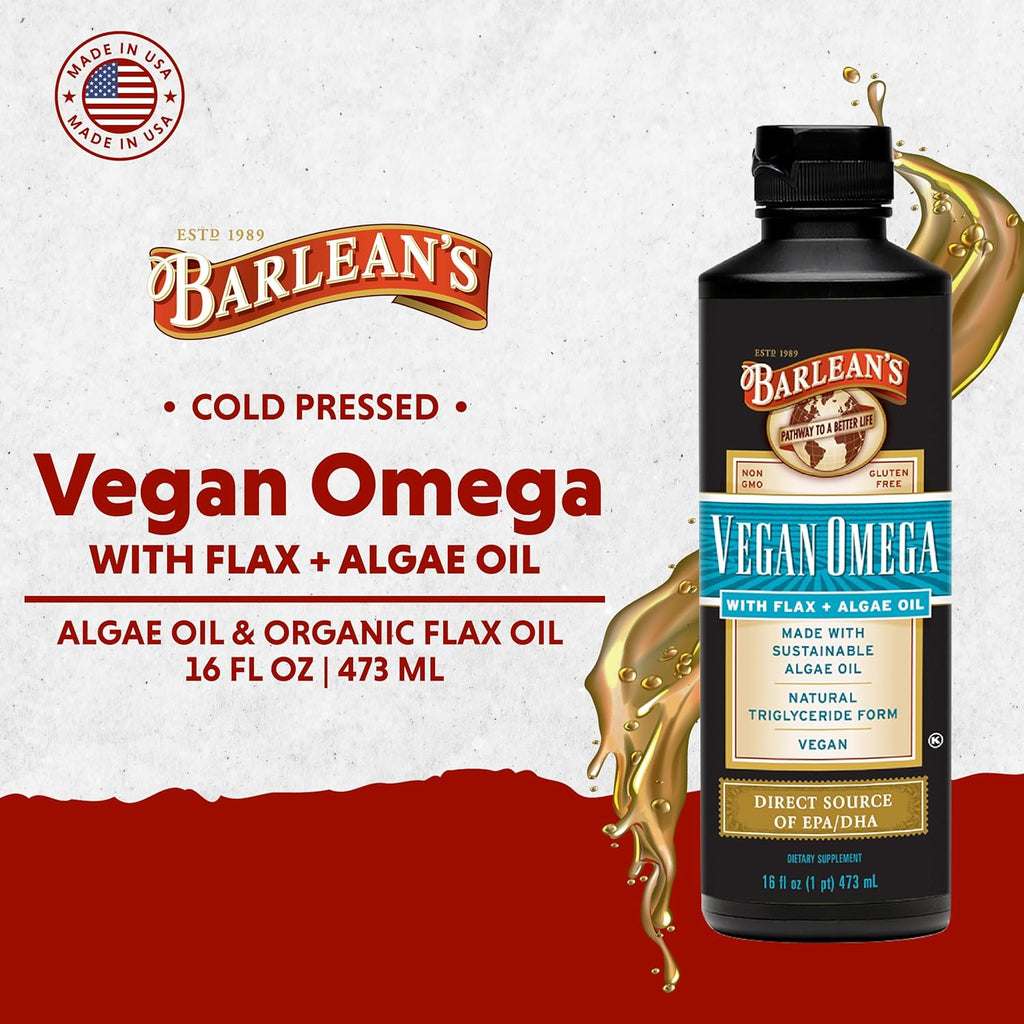 Barlean's Vegan Omega Liquid Flax and Algae Oil Plant Based EPA DHA Supplement from Algal Oil and Organic Flaxseed, Omegas 3 6 and 9 Fatty Acid Supplements, 16 Ounces