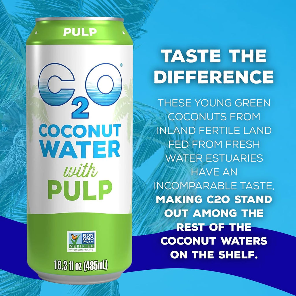 C2O - Coconut Water with Pulp (8 Pack) - Made with Fresh Coconut Water - Plant Based - Non GMO - Canned Water - Natural Hydration, Essential Electrolytes, & Potassium - 8 Cans, 16.3 FL OZ