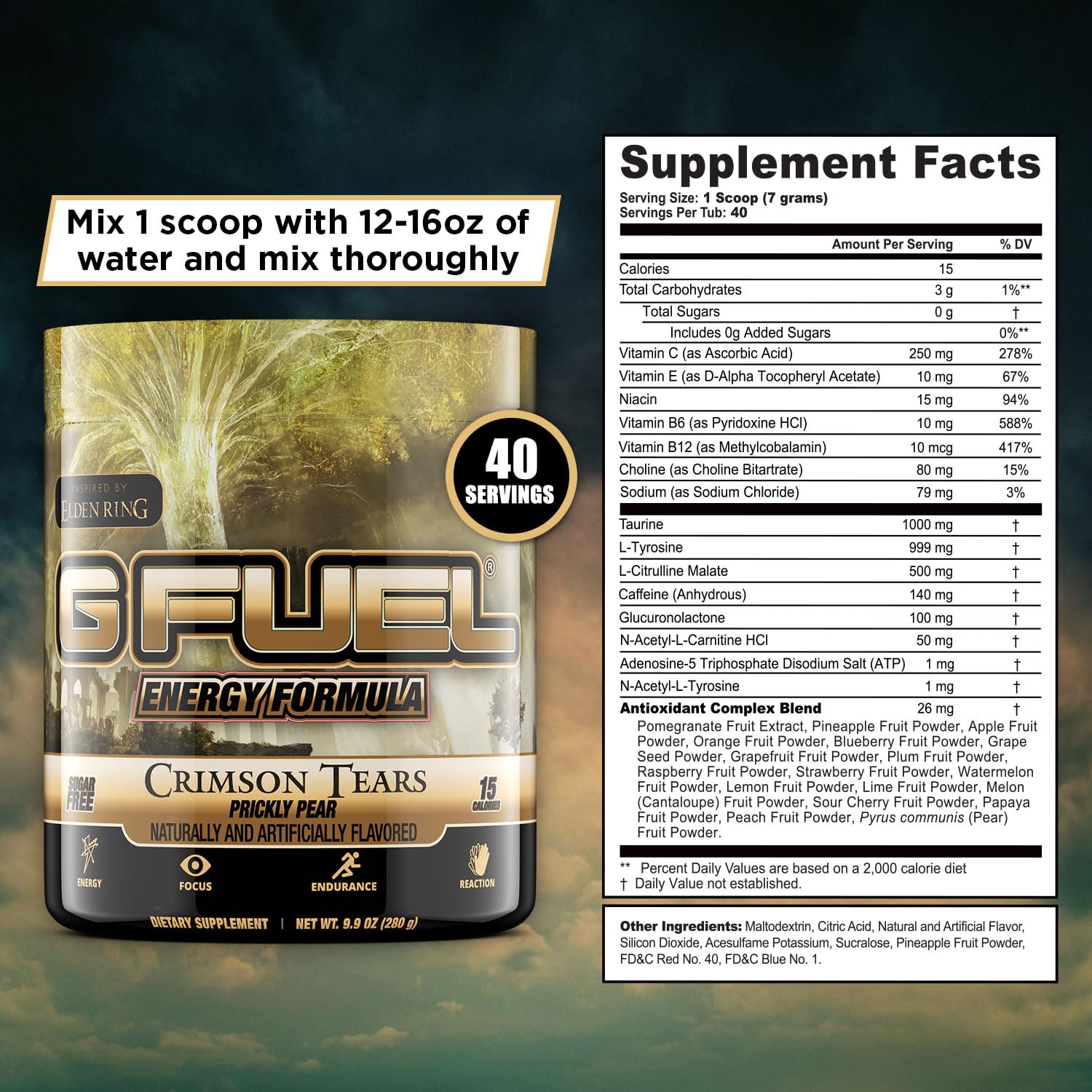 G Fuel Elden Ring Crimson Tears Energy Drink Powder, Pre Workout Caffeine Mix for Gaming, Sugar Free Focus Amino, Vitamin + Antioxidants, 9.9oz (Prickly Pear, 40 Servings)