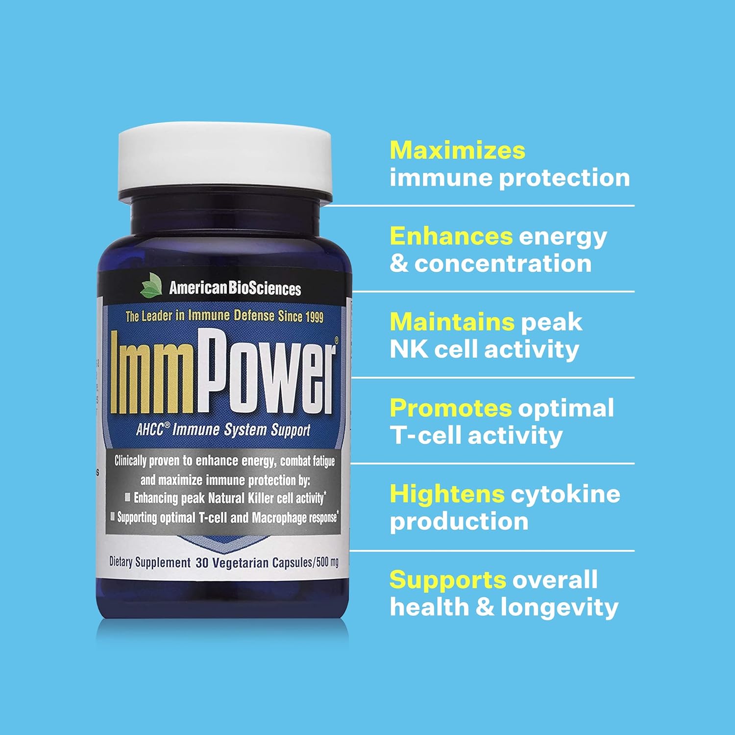 ImmPower AHCC Supplement, Vegetarian Capsules, Enhanced Immune Support, Natural Killer Cell Activity and Cytokine Production, 500 milligrams per Capsule (30 Count)
