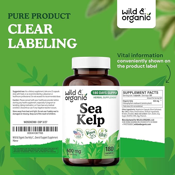 Wild & Organic Sea Kelp Capsules 600 mg - Immune & Overall Support - Sea Kelp Iodine Supplement for Men & Women - Ocean Seaweed Supplement - Vegan, No Fillers, Non-GMO - 180 Count
