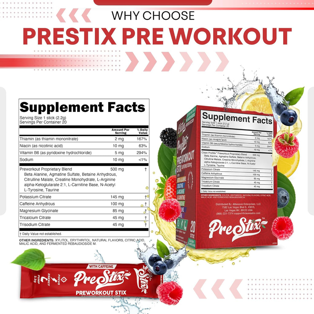 Clean Nutraceuticals Pre Workout Powder Energy Sticks - Caffeine 100mg, Energy Drink Mix, Creatine Monohydrate, Beta Alanine, L-Citrulline, L-Tyrosine, L-Carnitine, Electrolyte Hydration Packets 20 Ct